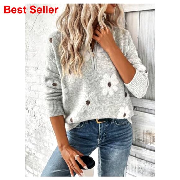 Quarter Zip Floral Pullover Sweater Long Sleeve V Neck Casual Top - Picture 3 of 7